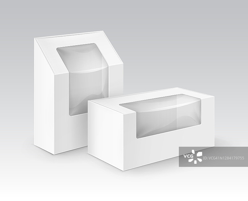矢量组白色空白纸板矩形带走盒子包装的三明治，食品，礼物，其他产品与塑料窗户模拟近距离隔离在白色背景图片素材