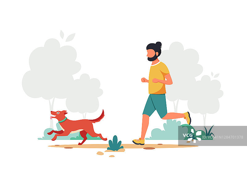 一个人带着狗慢跑。户外活动。矢量插图。图片素材