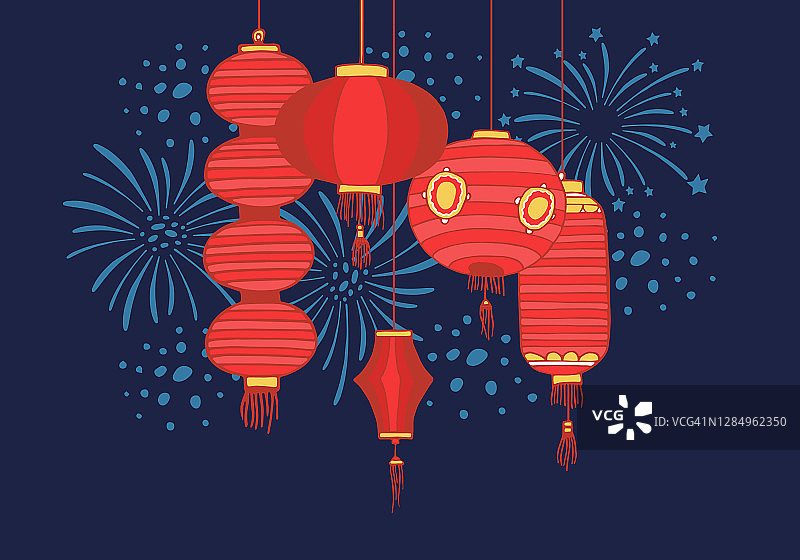 传统的中国纸灯笼挂在页的顶部和烟花的背景。手绘矢量图图片素材