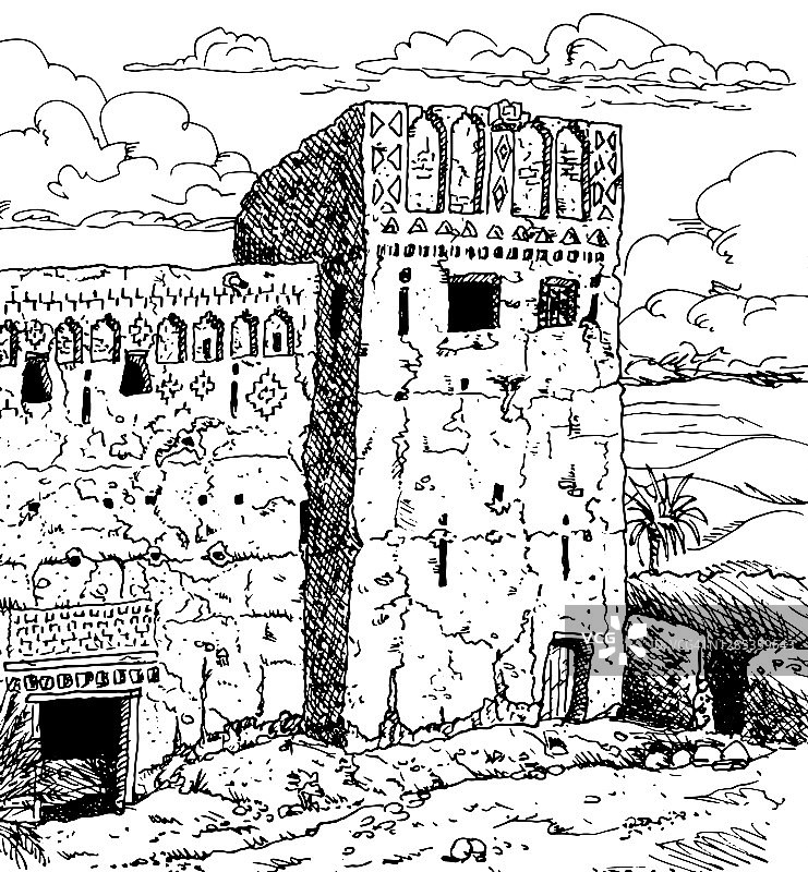 古老卡斯巴的正面和塔楼的废墟，一个堡垒宫殿建在瓦尔扎扎特村附近。沙漠中的摩洛哥小镇。墨水画画。图片素材