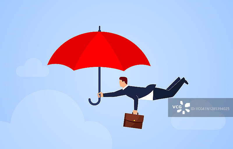 红伞保护商人在天空飞翔，保险概念说明图片素材