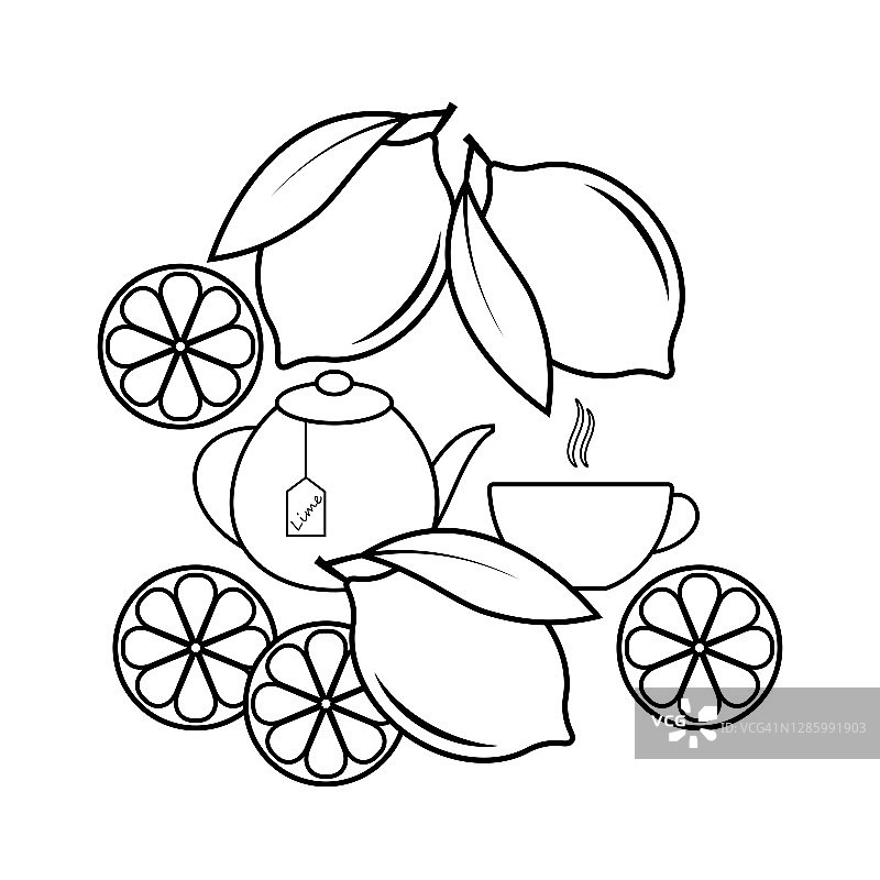茶，茶壶与柠檬图标，新鲜的柑橘类水果。矢量插图孤立，线性风格。图片素材