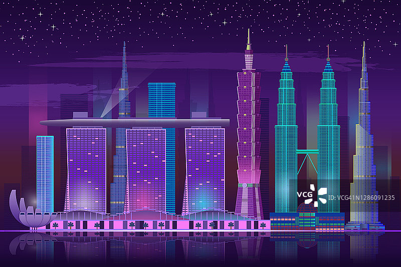 霓虹灯的摩天大楼。复古80年代的夜晚城市景观，灯光建筑未来的背景，水的反射和星空，海报在蓝色和紫色的颜色，照明城市矢量横幅图片素材