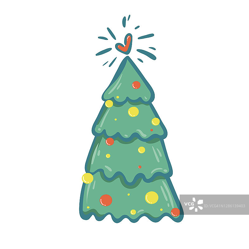 矢量插图的圣诞树在白色的背景。绿色圣诞树象征新年快乐，庆祝圣诞佳节快乐。用心点亮树。孤立的平坦的涂鸦图片素材