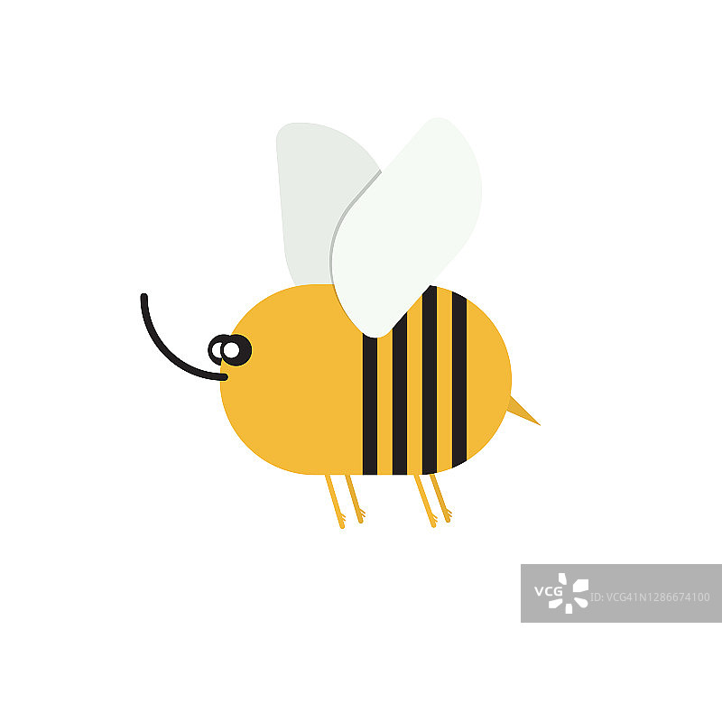 蜜蜂在卡通扁平风格。适用于服装印刷、卡片、贴纸、儿童学校用品、语言教育课程。矢量插图。图片素材