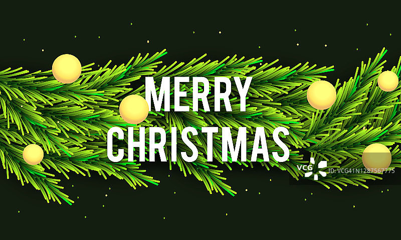 圣诞快乐和新年快乐的贺卡。冷杉枝与霓虹灯的绿色背景。图片素材