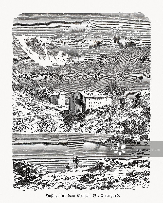 圣伯纳德临终关怀中心，瑞士，木刻，1893年出版图片素材
