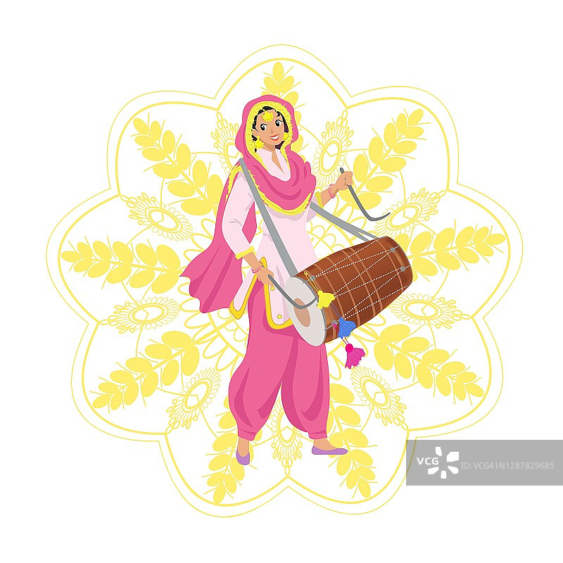 快乐微笑的年轻锡克教妇女在旁遮普粉色沙丽克米兹套装，杜帕塔披肩，在印度收获节洛赫里打传统的鼓，派对。金花麦地那曼荼罗和麦穗图片素材