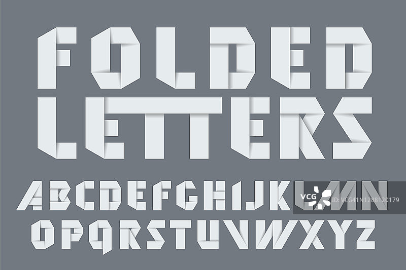 一套拉丁字母折叠纸缎带折纸字母表。矢量风格化纸张字体。图片素材