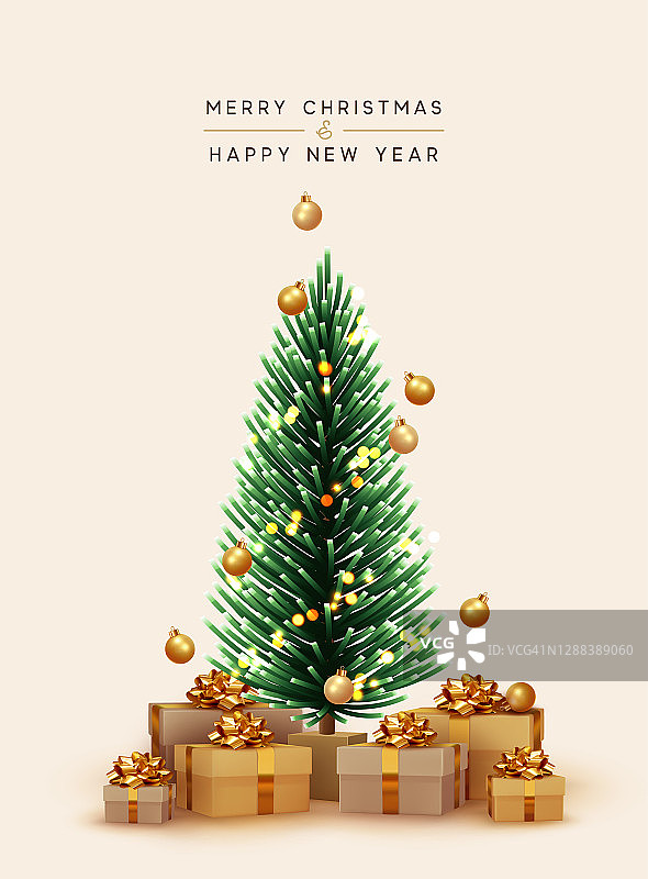 圣诞快乐，恭贺新禧。圣诞礼物在圣诞树下。装饰松树云杉。现实的棕色和白色礼品盒。节日背景贺卡，横幅，海报。图片素材