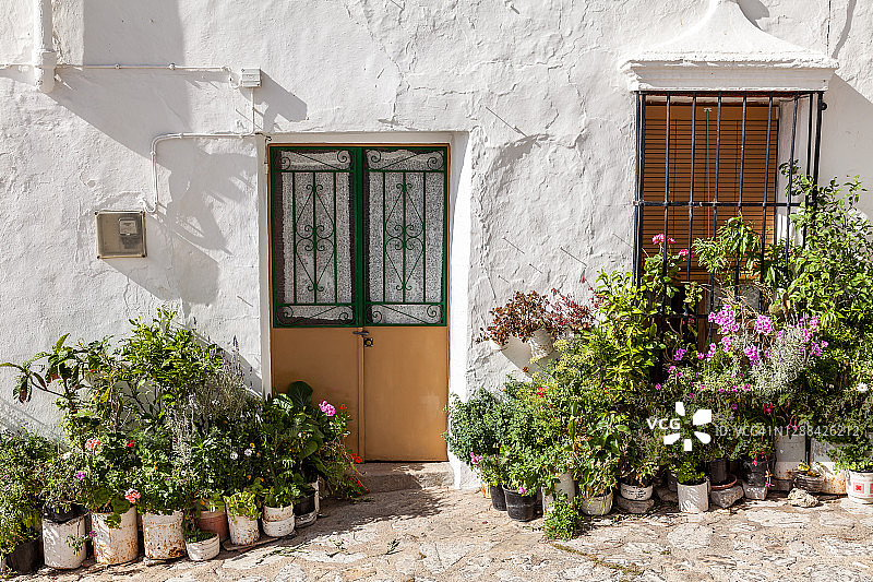 白色房子门口的鲜花图片素材