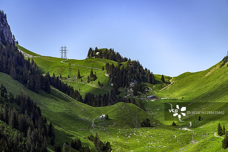 瑞士阿尔卑斯山的海拔公路，连接高山农场和乡村餐馆，供徒步者、骑自行车者和农民使用。图片素材