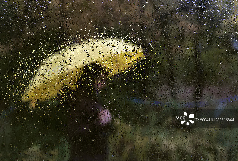 年轻女子在雨中撑着一把五颜六色的伞图片素材