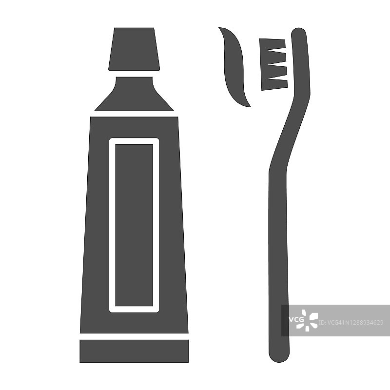 牙膏和牙刷固体图标，国际牙医日概念，口腔卫生标志上的白色背景，牙刷和粘贴图标在字形风格的移动。矢量图形。图片素材