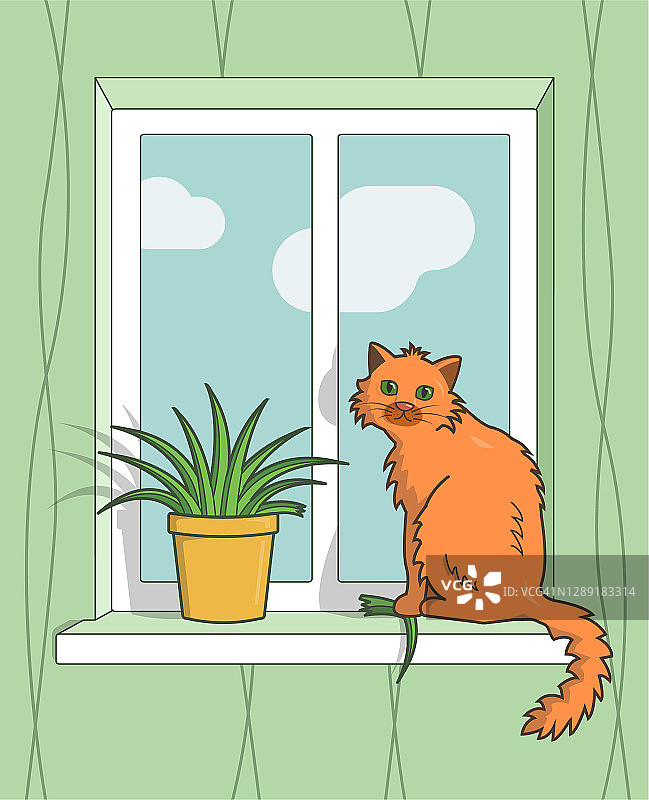 彩色插图。一个可爱的角色，一只毛茸茸的姜黄色的猫，坐在窗台上，旁边是一朵花。他撕下一片叶子，用爪子把它按在地上，从一个有绿色墙壁的房间里可以看到一片景色。图片素材