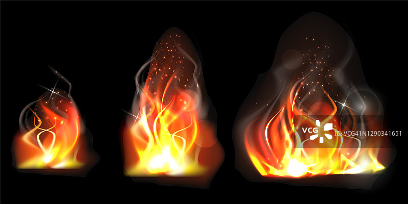 真实燃烧的火焰大小不同。火焰火焰矢量设置孤立的透明背景。燃烧火焰效果。有不同大小的火花的火焰。矢量图图片素材