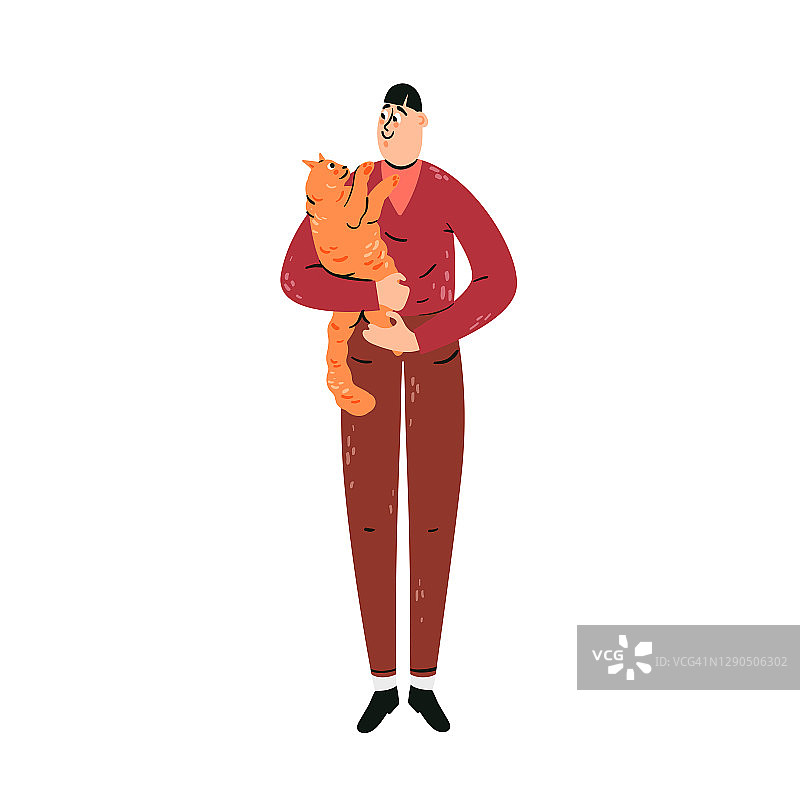 男人拥抱猫卡通孤立插图。图片素材
