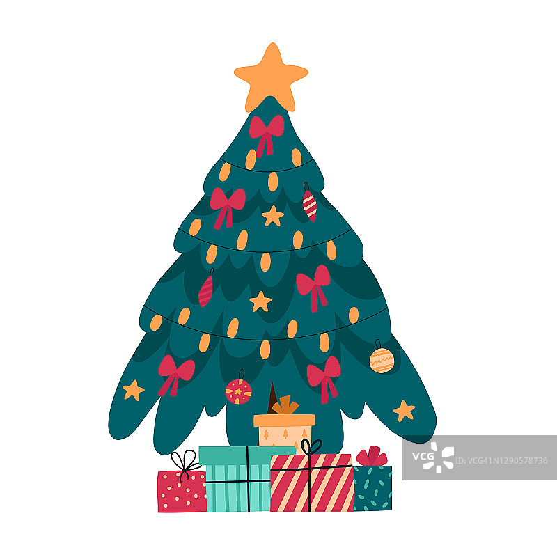 圣诞树与圣诞装饰，星星，灯，装饰球，灯和礼品盒。圣诞快乐;恭贺新禧。平面卡通矢量插图。图片素材