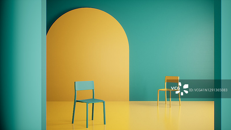 室内设计采用绿色和黄色墙壁，背景3D渲染图片素材
