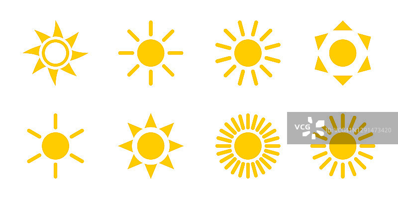 太阳矢量集合。太阳矢量图标，孤立。太阳形状各异，在现代简约的平面设计中。矢量图图片素材