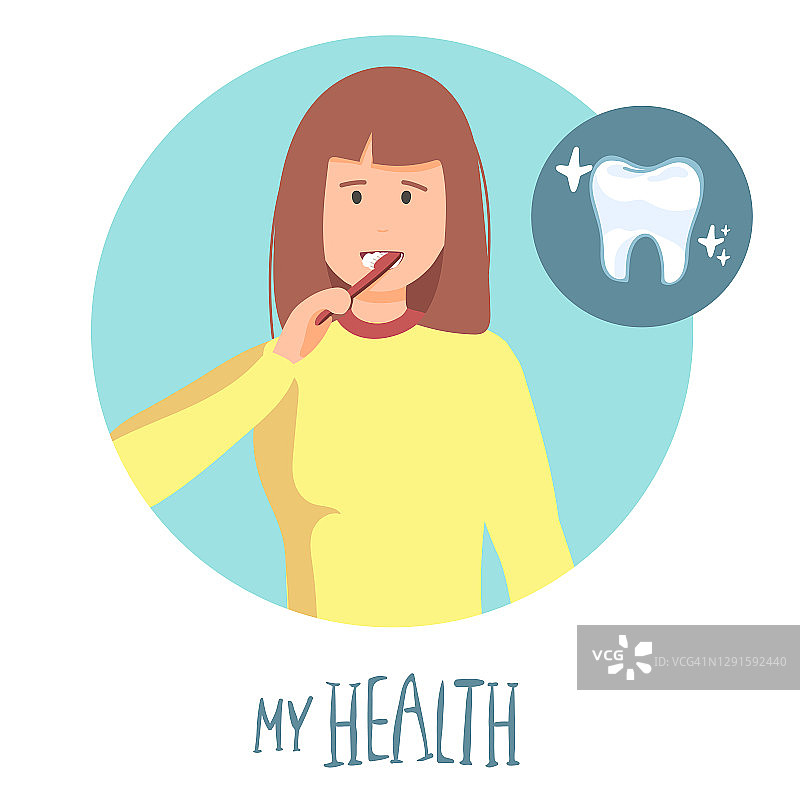女人在刷牙。平面设计的矢量插图。我的健康字。牙齿清洁，牙齿健康。概念图片素材