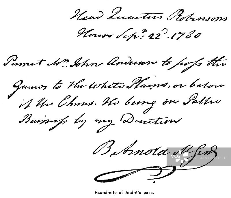 给英国特工约翰·安德烈少校的军事通行证上刻有本尼迪克特·阿诺德签名的旧雕刻插图(1780年)图片素材