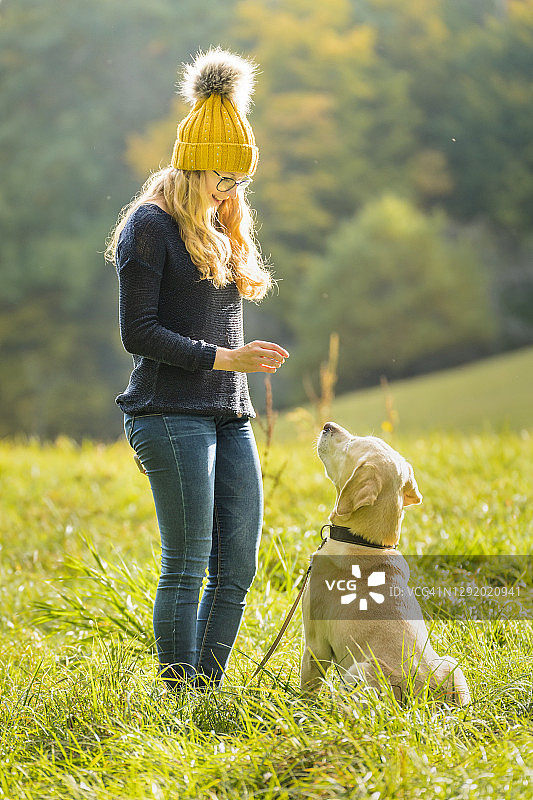 在阳光明媚的日子里，一个年轻女人带着一只狗在公园里图片素材