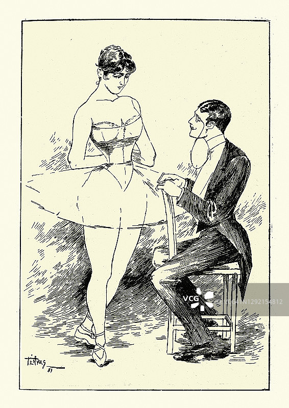 19世纪维多利亚时代，一个年轻人正在和一位芭蕾舞女演员调情图片素材