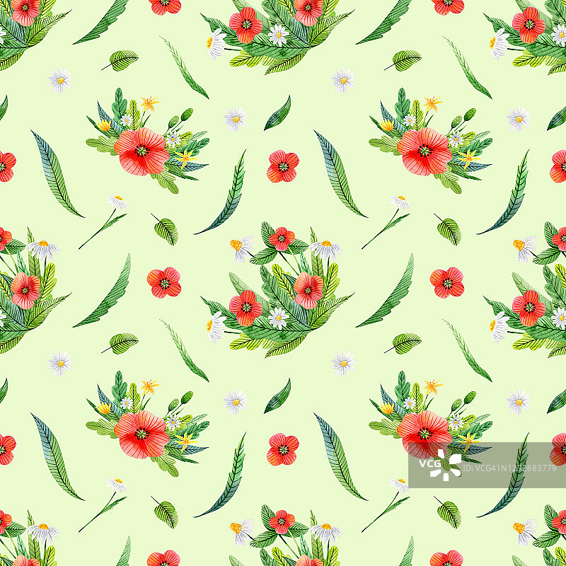 水彩无缝模式洋甘菊，罂粟，三叶草和叶子在绿色的背景图片素材