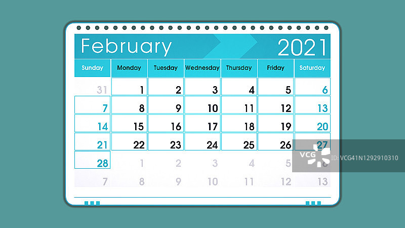 2月2021年日历页插图在蓝色，孤立在蓝色背景图片素材