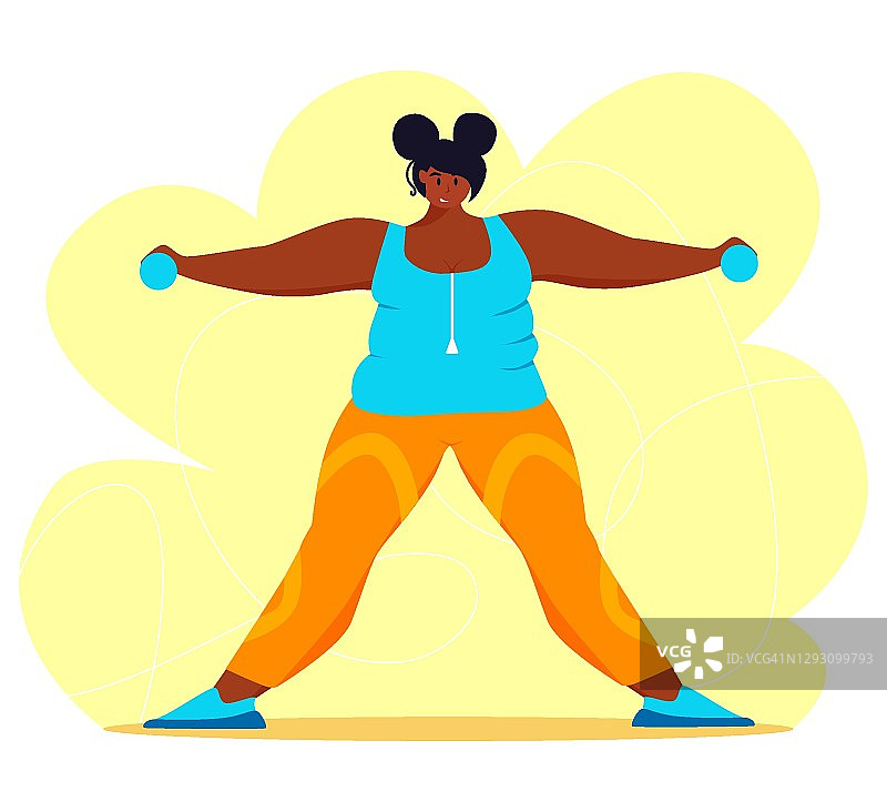 一个年轻的非裔美国肥胖妇女在做运动。一个大汗淋漓地努力减肥的女孩。肥胖。图片素材