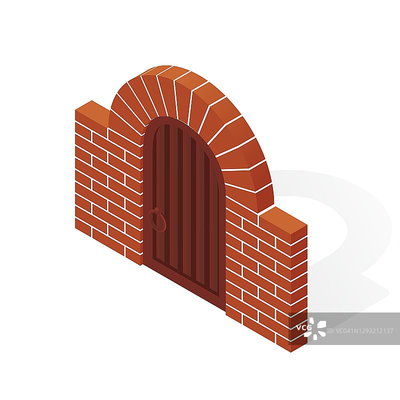 矢量插图红砖拱与棕色金属门隔离在白色背景。彩色等距石建筑拱门与门在平面风格。卡通金属门和砖墙图标。图片素材