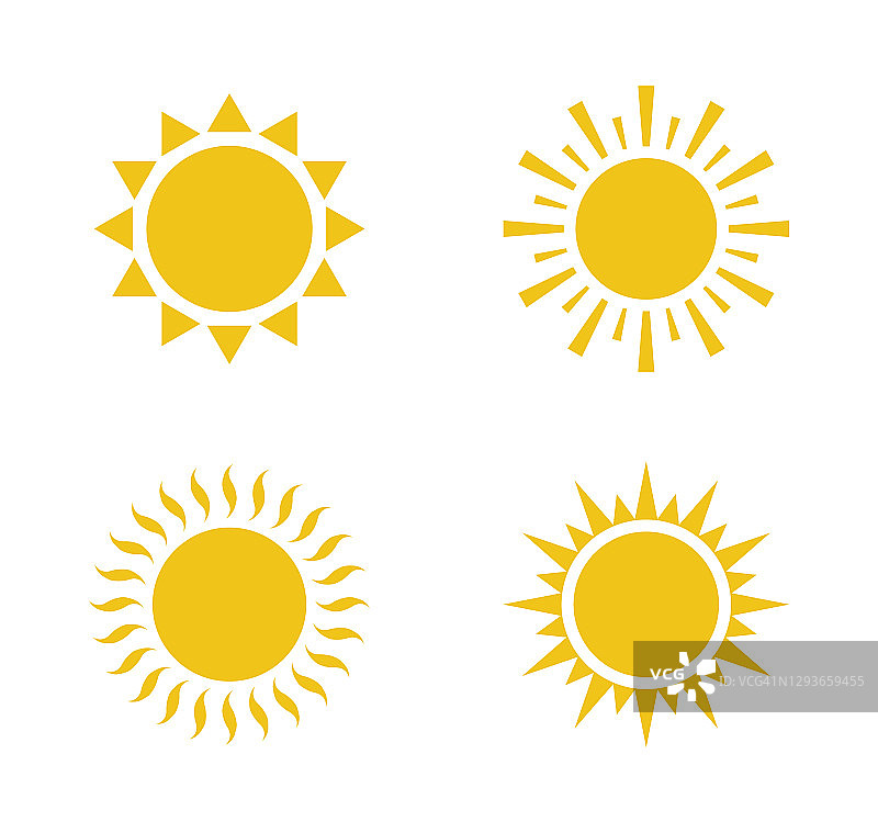 太阳图标黄色设置孤立的白色背景。太阳图标集合。星星简单扁平的标志图标。潮流矢量夏季图标的网站设计，移动应用程序。矢量插图图片素材