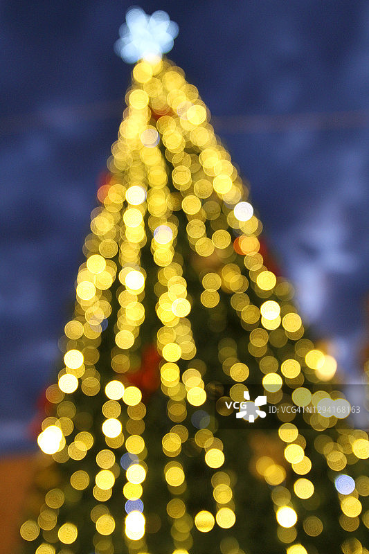 离焦图像的照明圣诞树在晚上图片素材