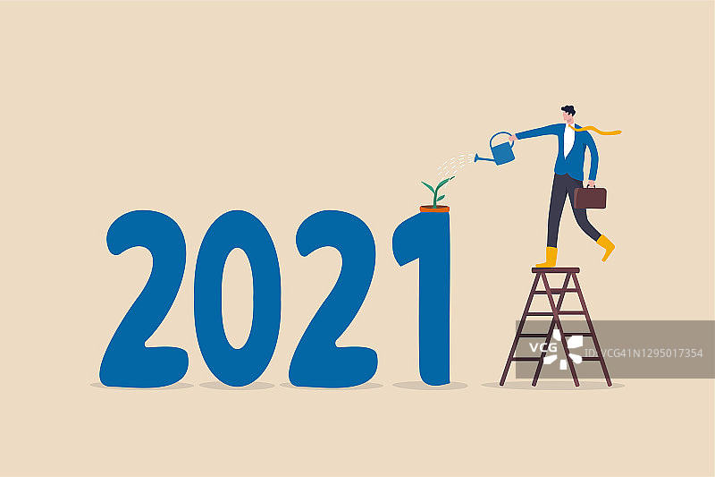 2021年经济从新冠肺炎疫情中复苏，企业从政府刺激政策理念中成长，企业从2021年浇水种苗种植增长。图片素材
