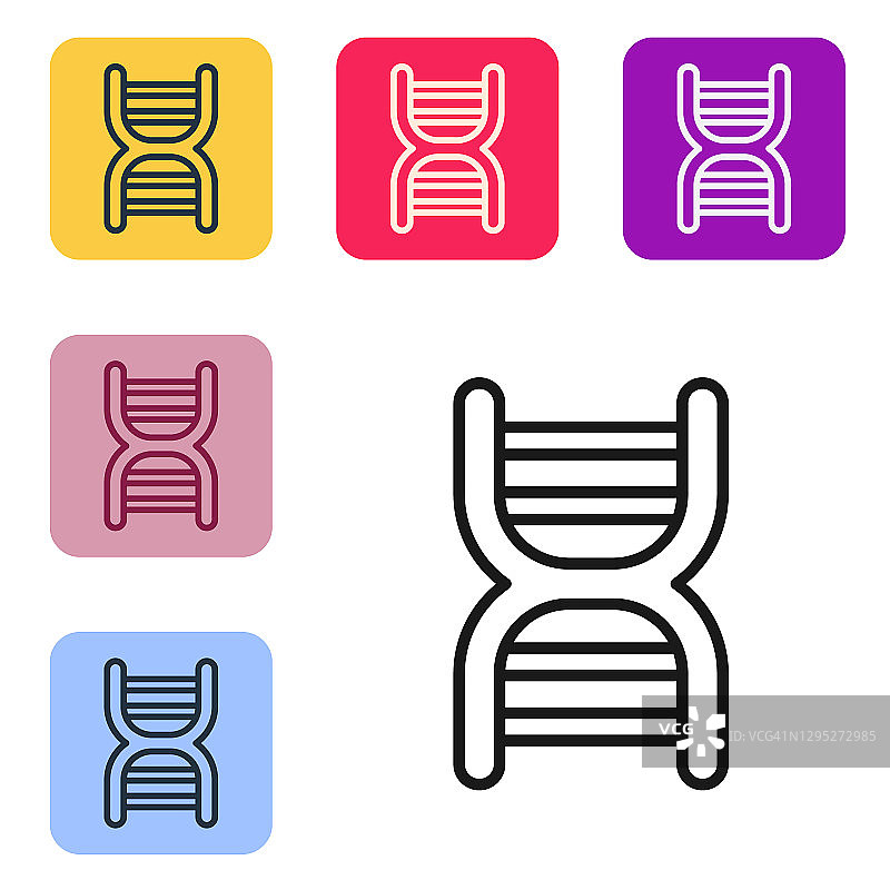 黑线DNA符号图标孤立在白色背景。设置图标的颜色方形按钮。向量图片素材