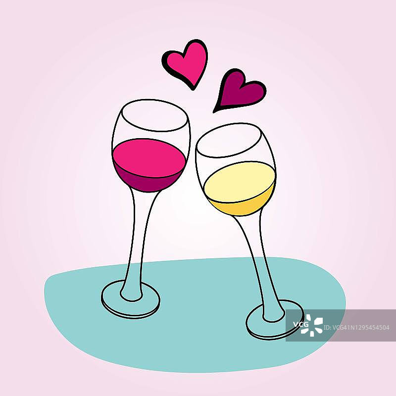两杯白葡萄酒和红葡萄酒。在蓝色贴纸上有两颗爱心。她和他的眼镜，恋人，新娘和新郎，妻子和丈夫。情人节订婚，结婚纪念日。图片素材