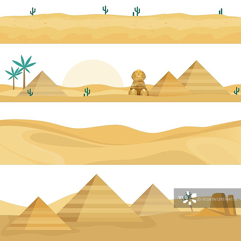 沙漠景观无缝边界。沙丘，埃及地标元素，金字塔，棕榈树和狮身人面像映衬着炙热的撒哈拉日落。矢量无尽水平背景设置图片素材