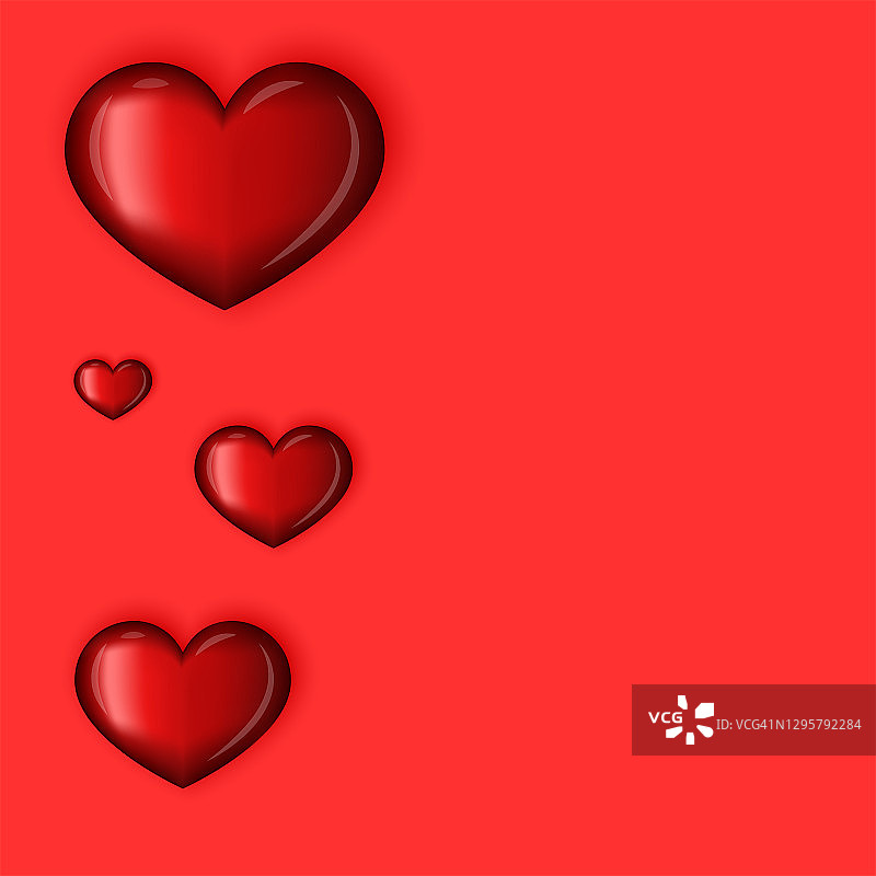 情人节创意节日海报模型三维闪亮的心在红色的背景，婚礼邀请模板图片素材