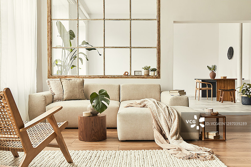 现代室内开放空间设计模块化沙发，家具，木制咖啡桌，格子，枕头，热带植物和优雅的个人饰品在时尚的家居装饰。中性的客厅。图片素材