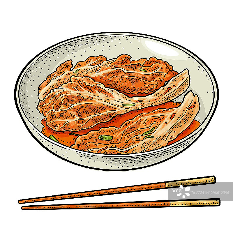 用筷子夹在盘子里的韩国泡菜。复古彩色矢量雕刻图片素材