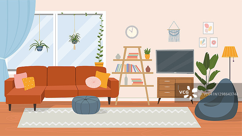客厅内。舒适的沙发，电视，窗户，椅子和室内植物。矢量平面卡通插图。图片素材