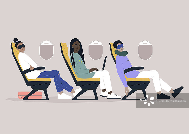 一群不同的旅行者在飞机上睡觉和工作，里面是一架飞机图片素材