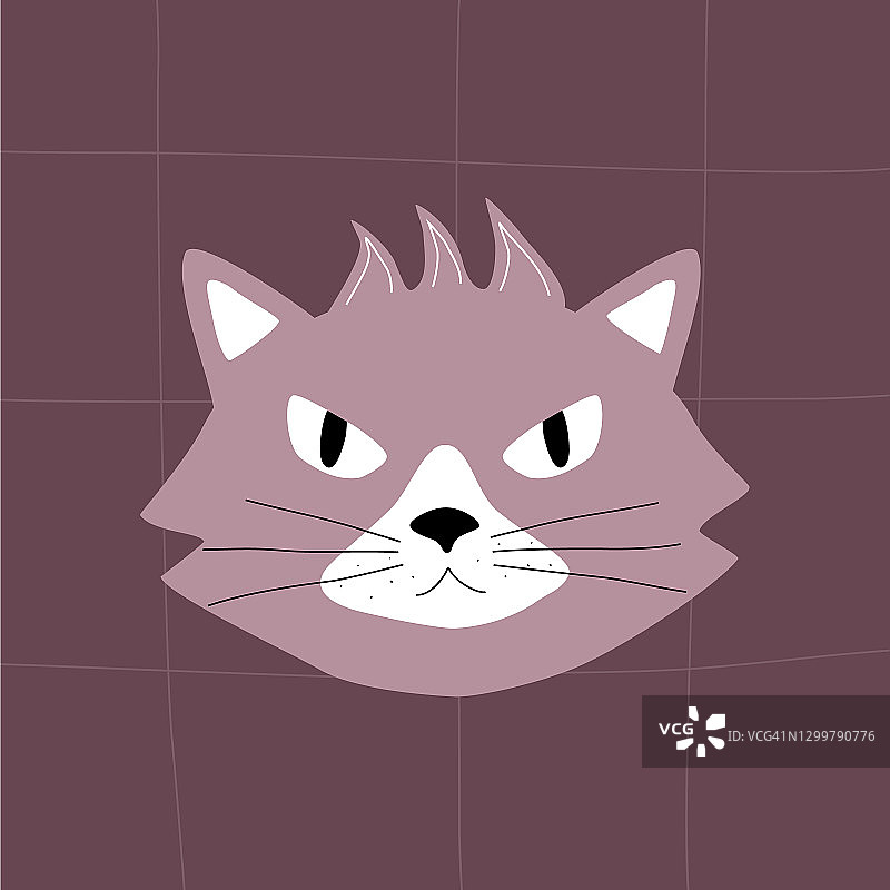 一双愤怒的眼睛，严肃的猫。愤怒的灰猫的头。卡通猫头。图片素材