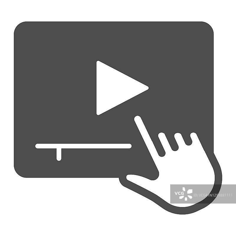 手指针选择视频实体图标，在线教育概念，手指光标打开媒体文件标志上的白色背景，手按图标关闭视频图标。矢量图形。图片素材
