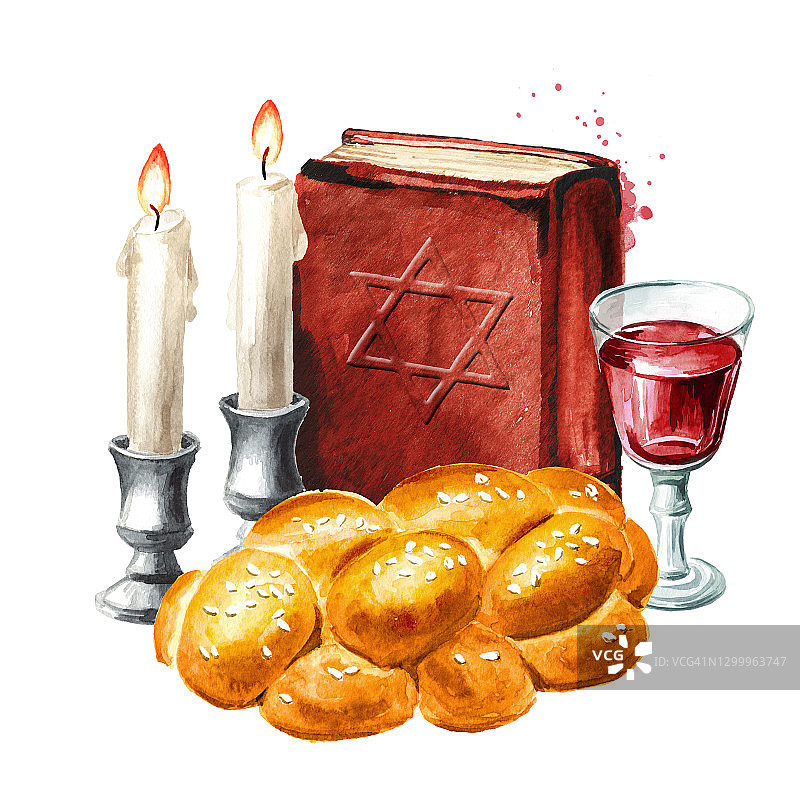 传统的犹太庆祝活动哦，安息日，逾越节，蜡烛，律法书和酒。手绘水彩插图，孤立的白色背景图片素材