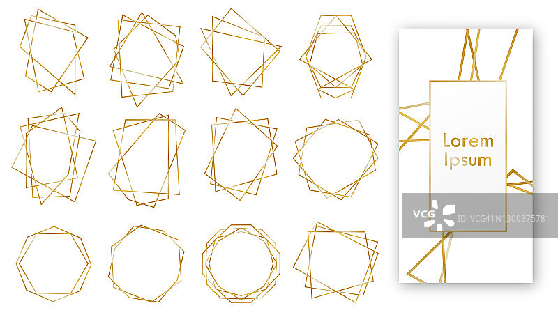 金色几何婚礼邀请，豪华框架。金色的几何框架。几何多面体图片素材