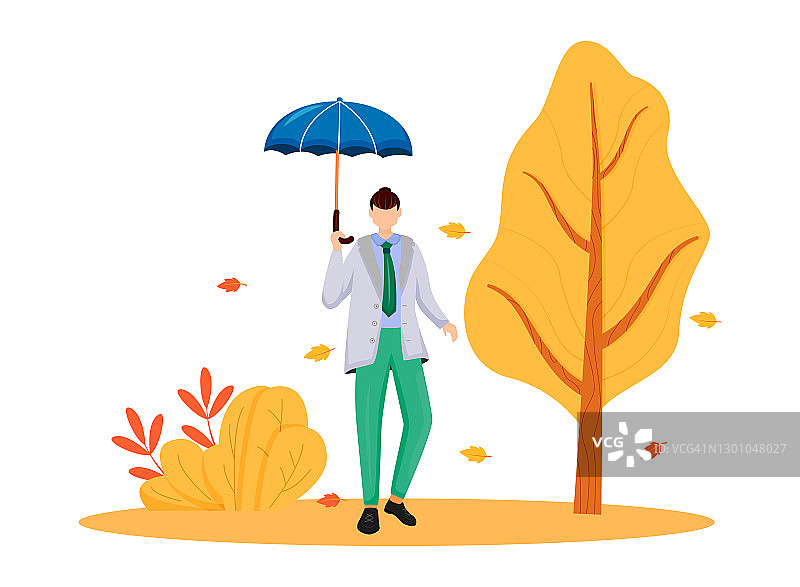 穿灰色夹克的人，平色向量无脸的性格。多雨的天气。秋天的本性。时尚男士带伞。潮湿的一天。行走的白种人孤立的卡通插图在白色的背景图片素材
