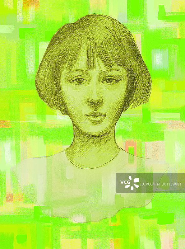插图粉彩画肖像的一个女孩深色头发复古风格的发型在裙子与圆形白色蕾丝衣领装饰抽象的背景在绿色的颜色图片素材