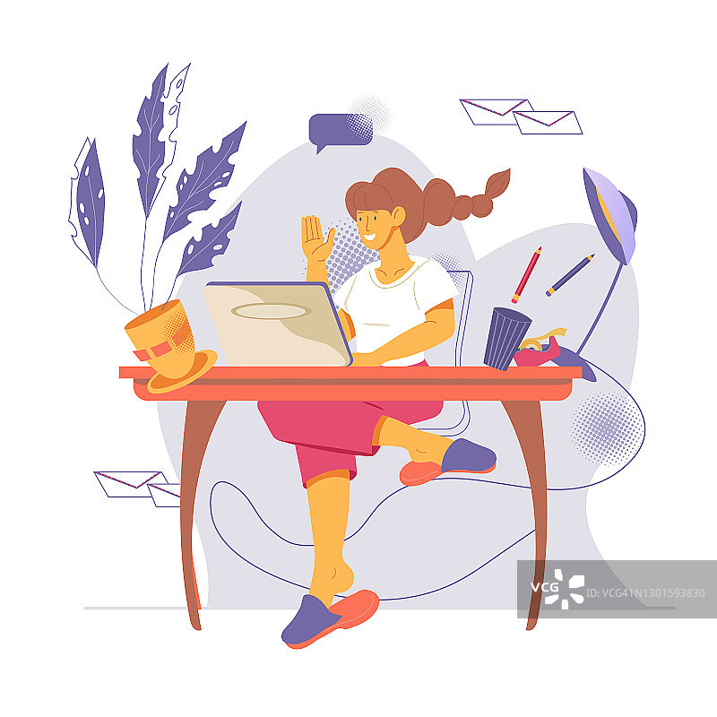 个体户或自由职业妇女在拖鞋工作在家笔记本电脑，平面矢量插图。图片素材